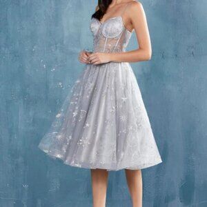 Andrea and Leo A0823 Couture Dress, Size 8, Silver Beaded and Emboardered, Stars